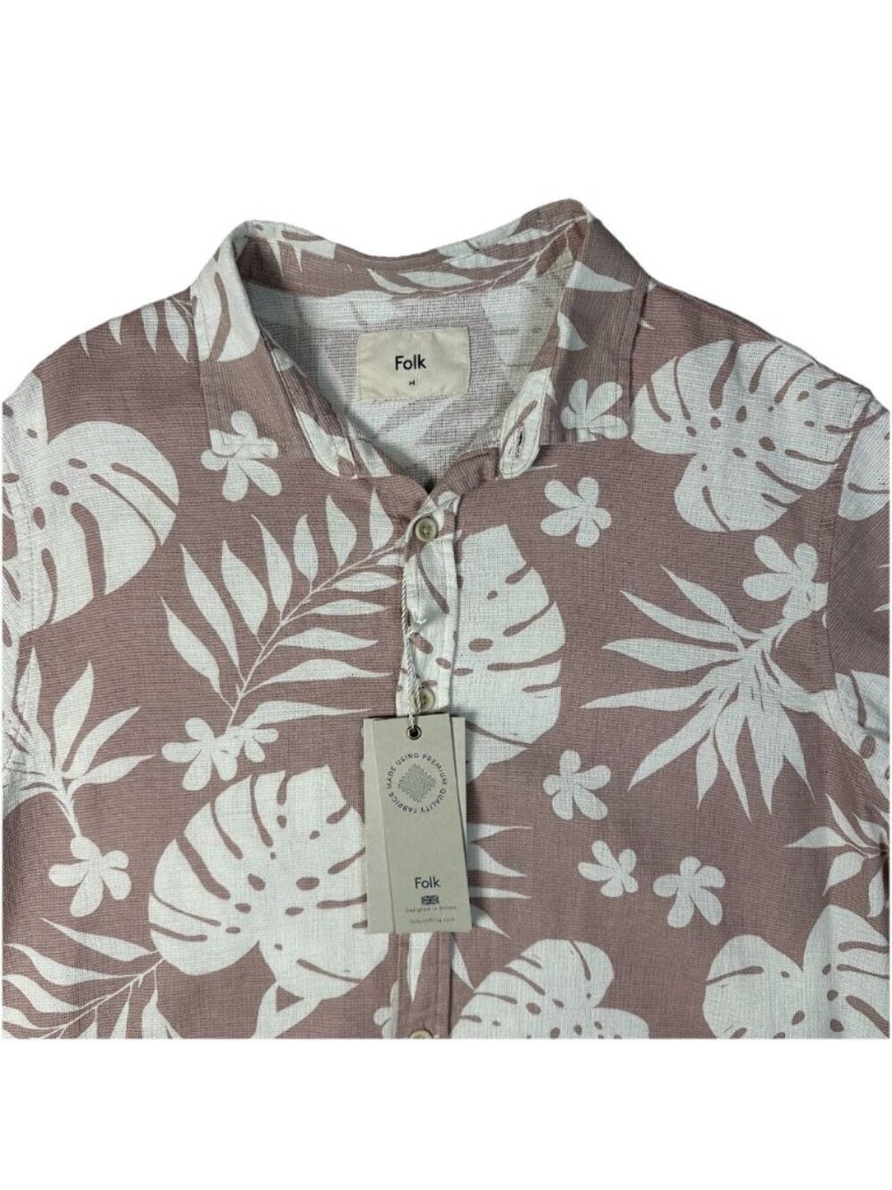 Folk Short Sleeve Button Up Medium Kingston Pink Leaf Beach Casual Mens Cotton - Picture 3 of 11